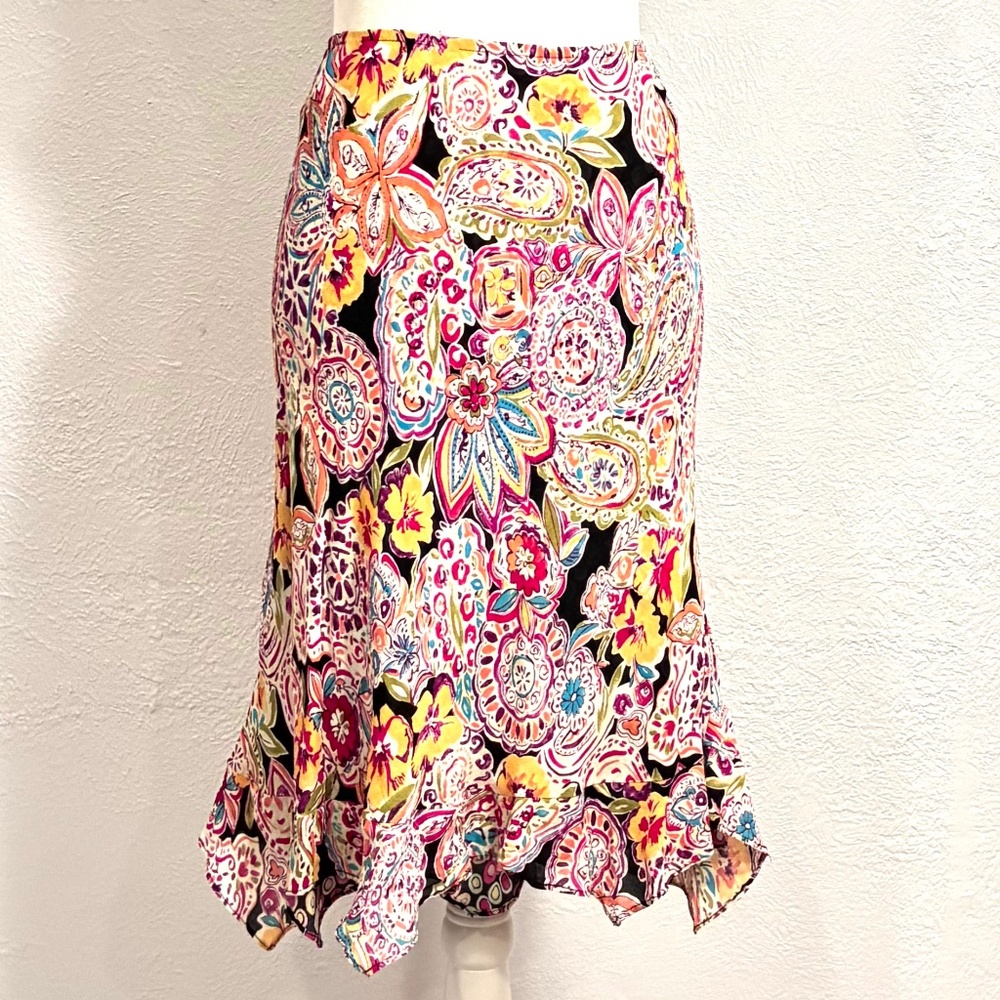 CAbi Reversible Midi Skirt, Scalloped Hem Floral/Abstract Size M